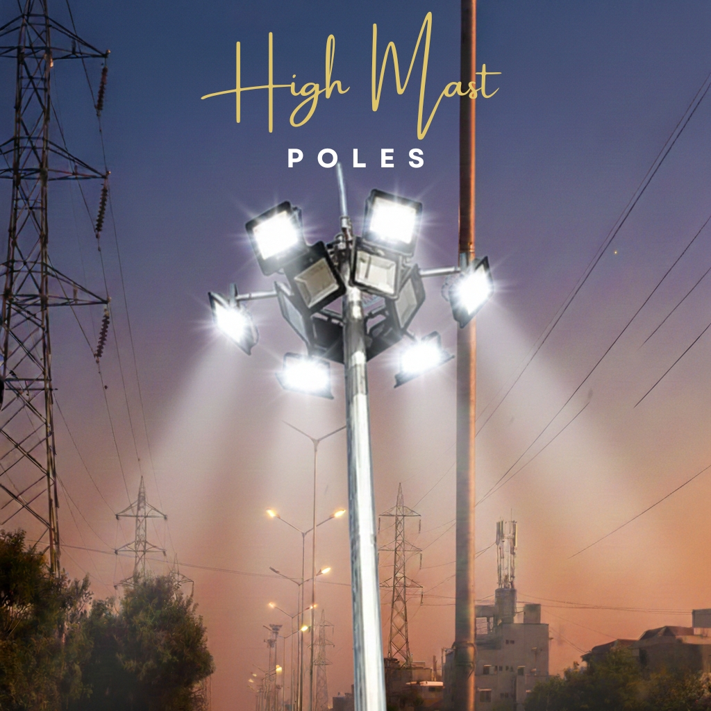 High mast light tower for highways and industrial areas in Uttar Pradesh with galvanized steel pole and multiple LED flood lights for wide-area outdoor illumination.