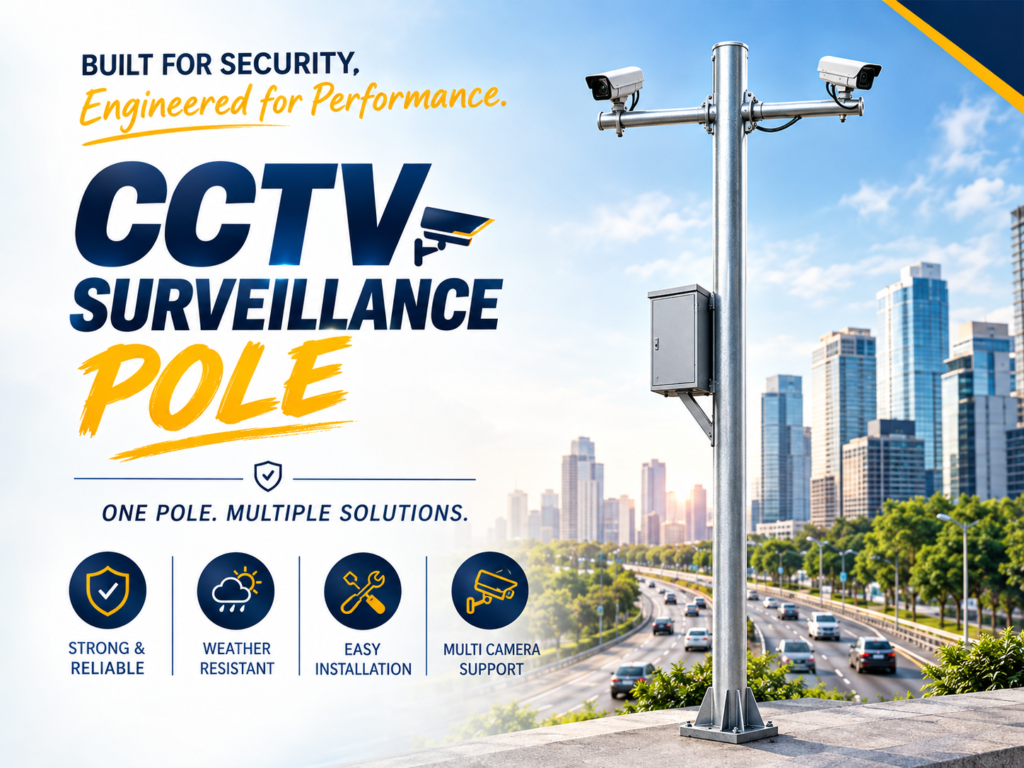 CCTV surveillance pole with multiple cameras for highways, smart cities, industrial areas, parking spaces, and toll plazas by Friends Engineers India.