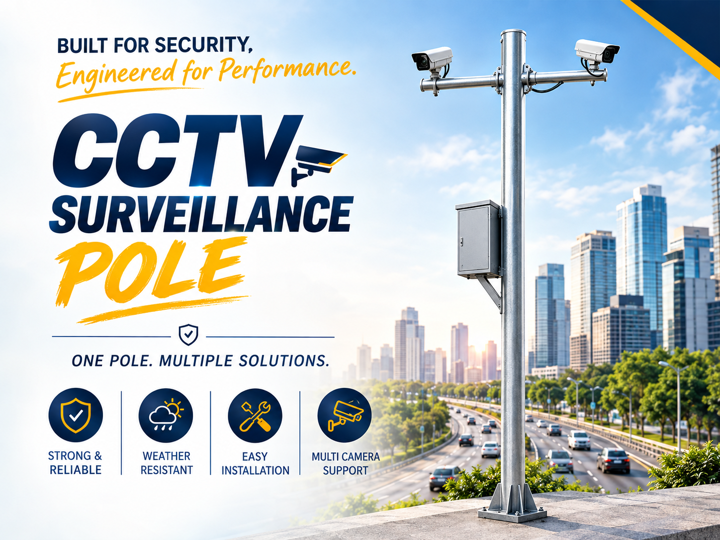 CCTV surveillance pole with multiple cameras for highways, smart cities, industrial areas, parking spaces, and toll plazas by Friends Engineers India.